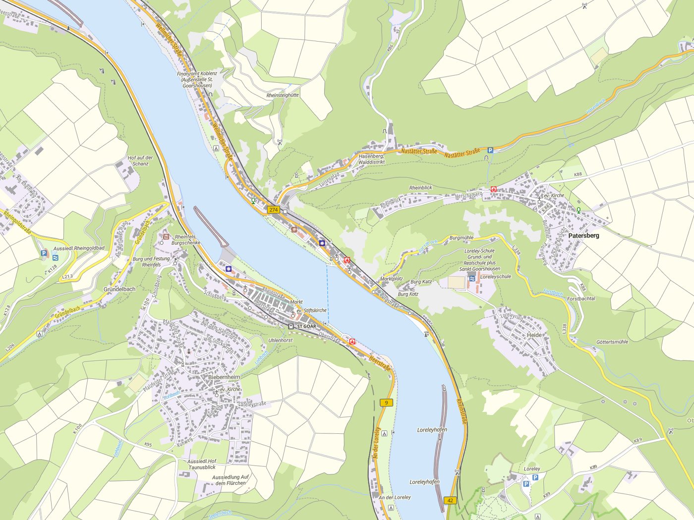 Kartenausschnitt Sankt Goarshausen mit Gewässern