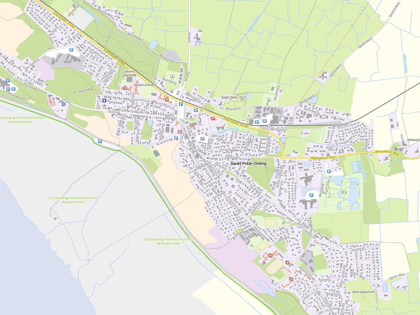 Kartenausschnitt Sankt Peter-Ording mit Gewässern