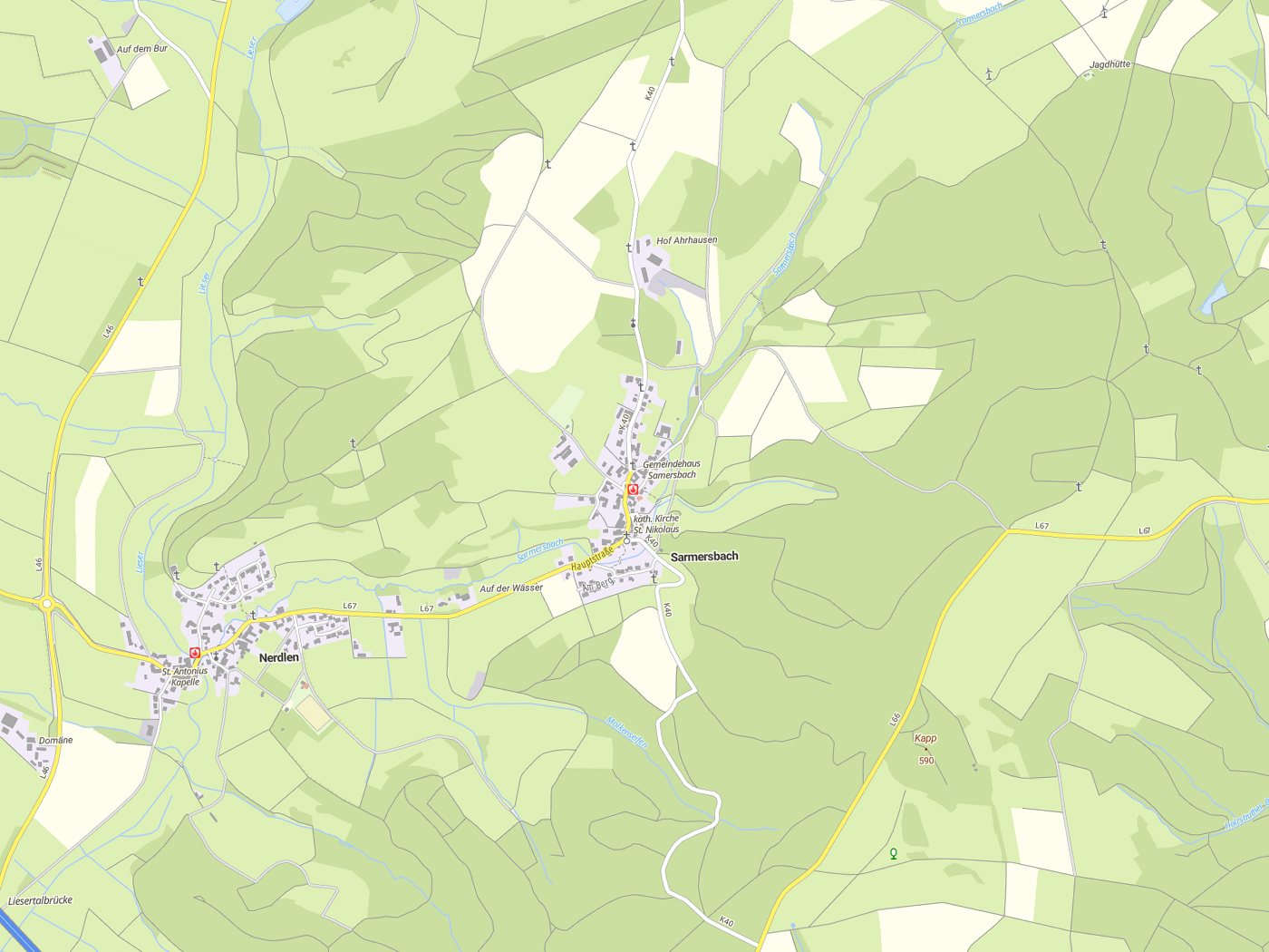 Kartenausschnitt Sarmersbach mit Gewässern