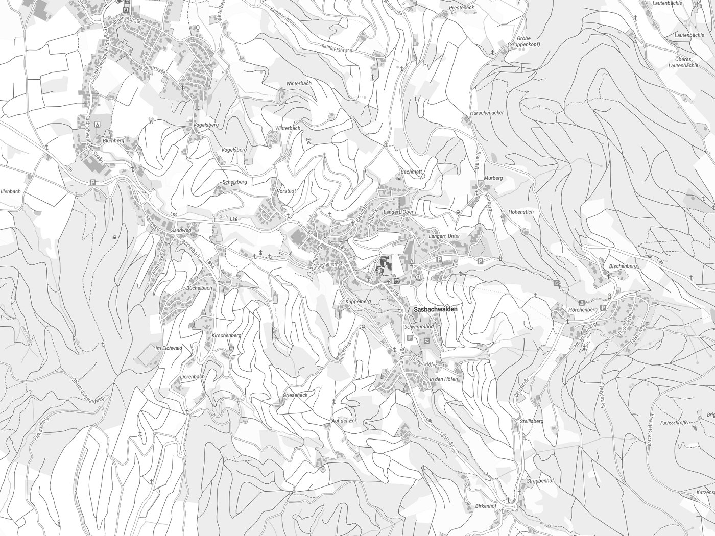 Kartenausschnitt Sasbachwalden mit Gewässern