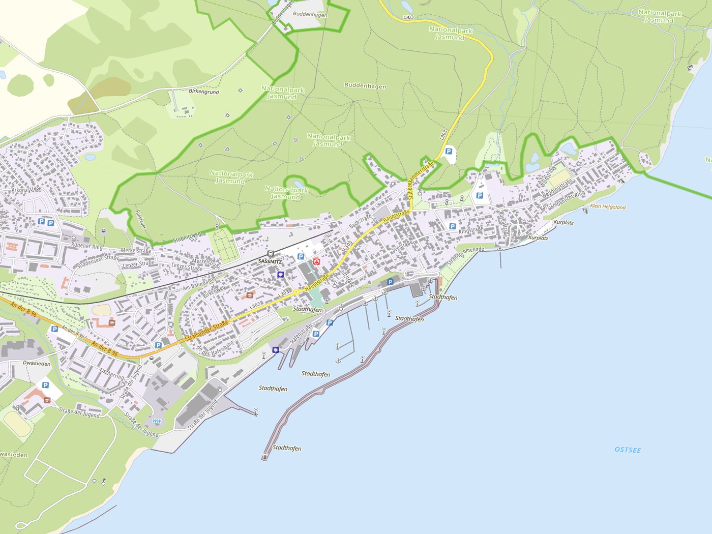 Kartenausschnitt Sassnitz mit Gewässern