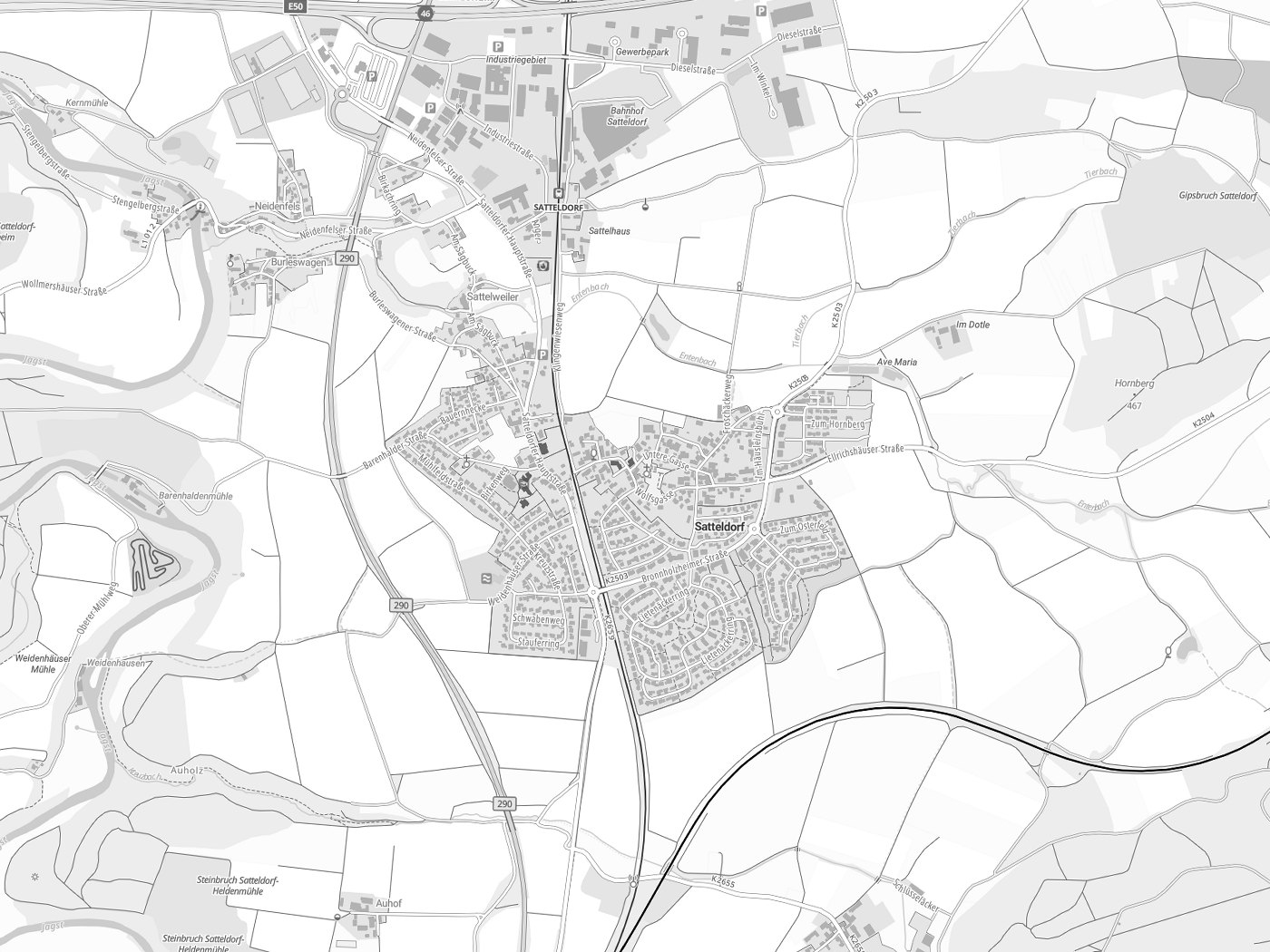 Kartenausschnitt Satteldorf mit Gewässern