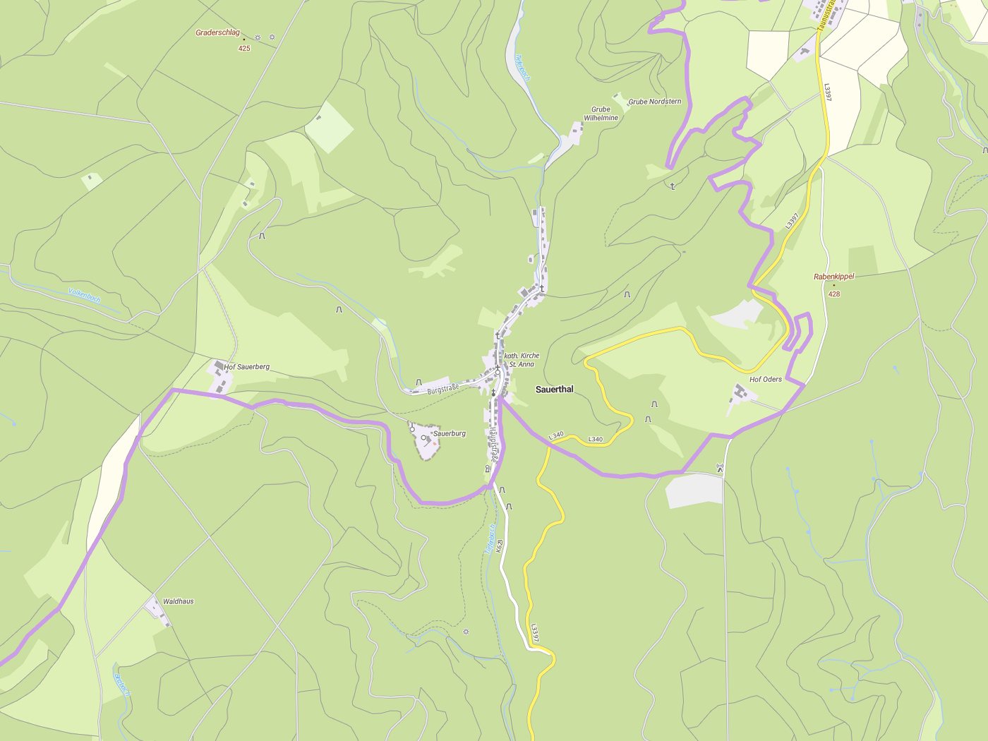 Kartenausschnitt Sauerthal mit Gewässern