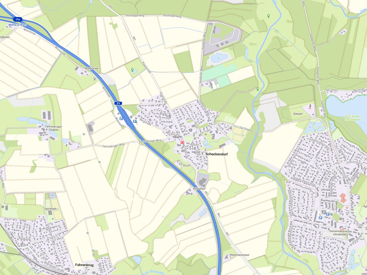 Kartenausschnitt Schackendorf mit Gewässern