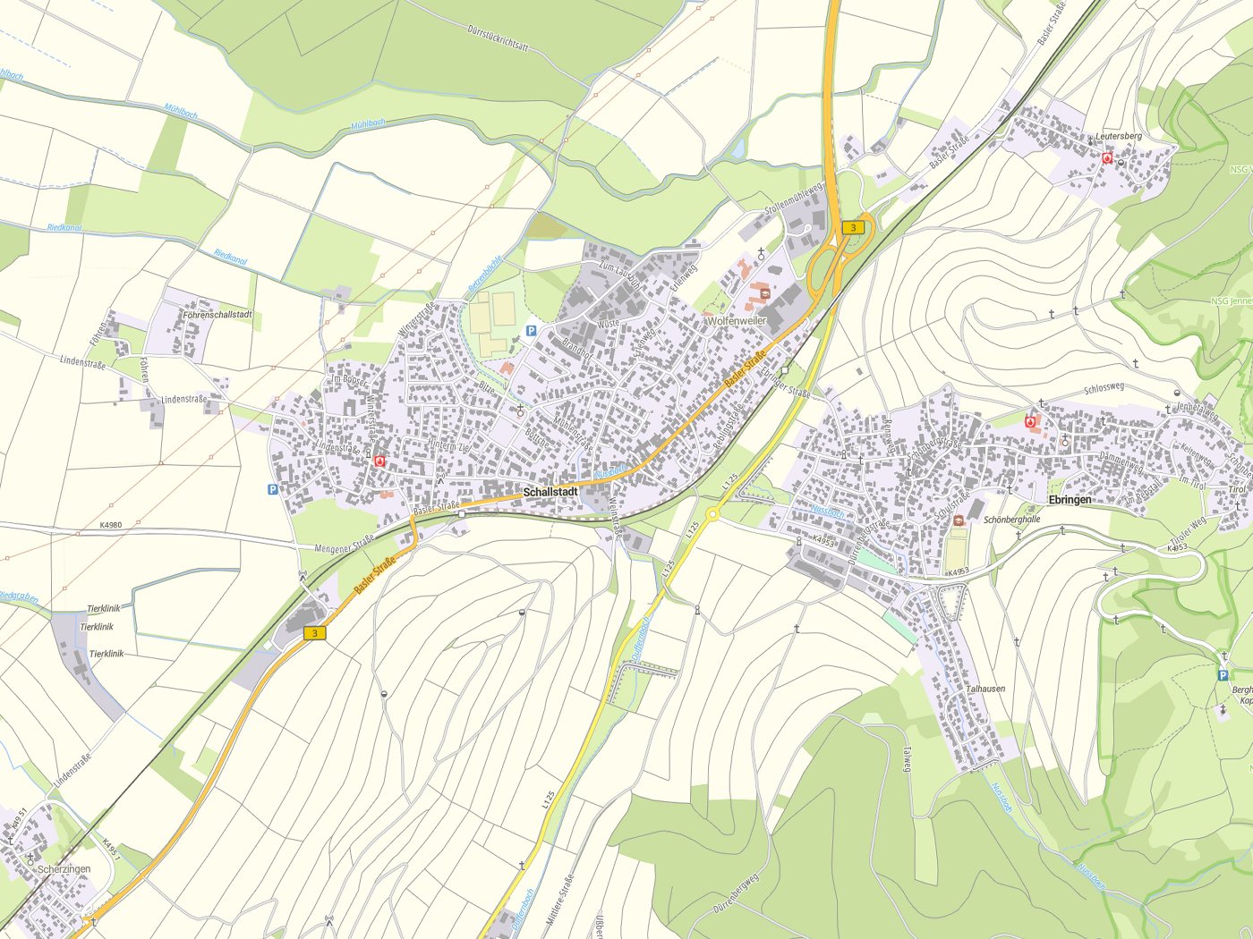 Kartenausschnitt Schallstadt mit Gewässern