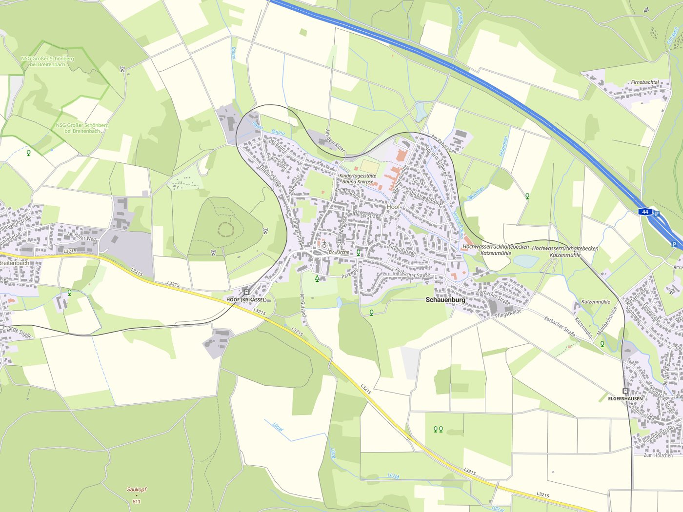 Kartenausschnitt Schauenburg mit Gewässern