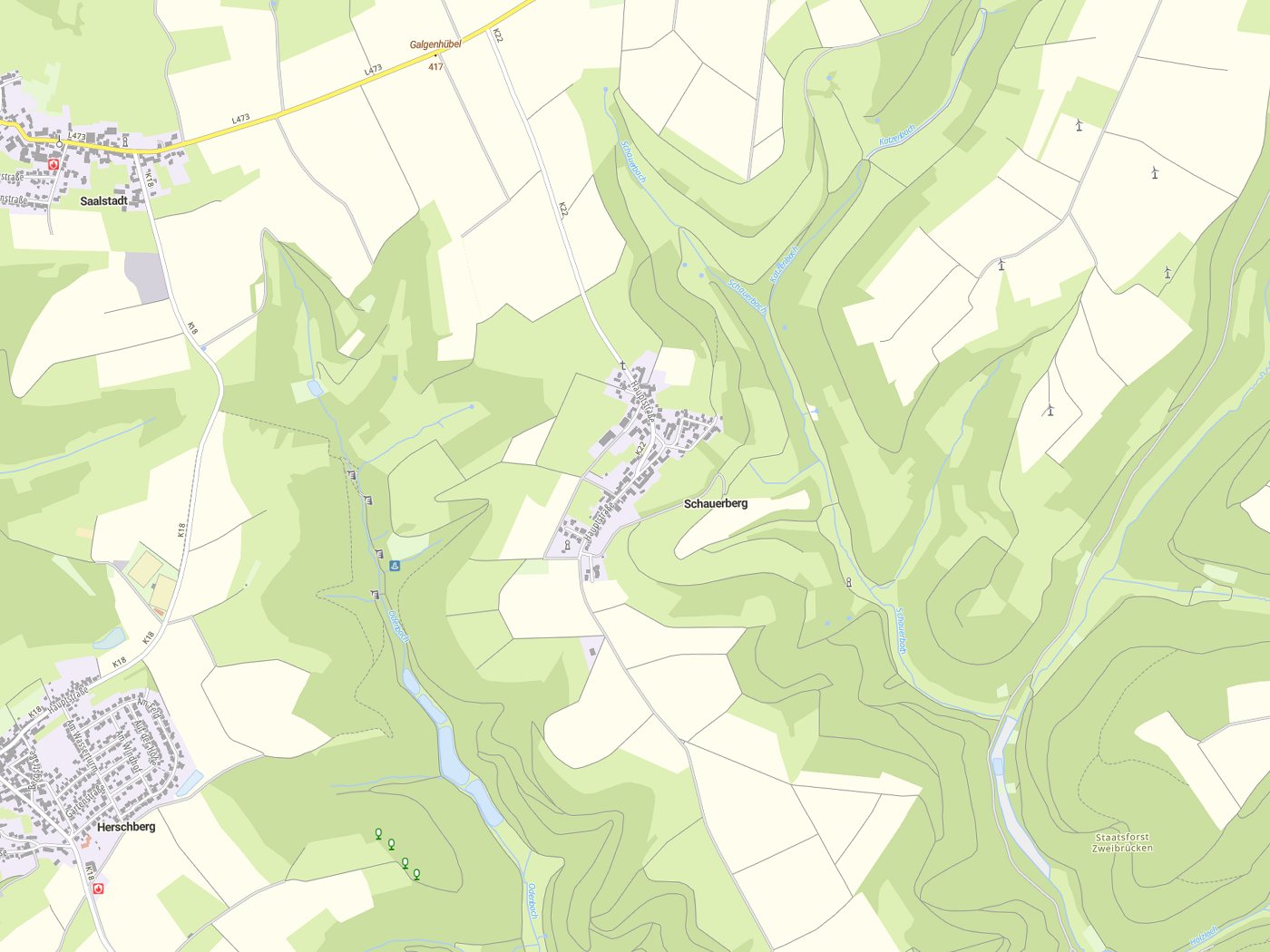 Kartenausschnitt Schauerberg mit Gewässern