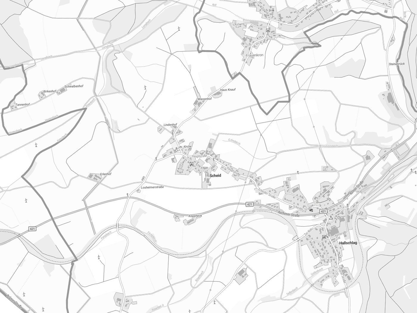 Kartenausschnitt Scheid mit Gewässern