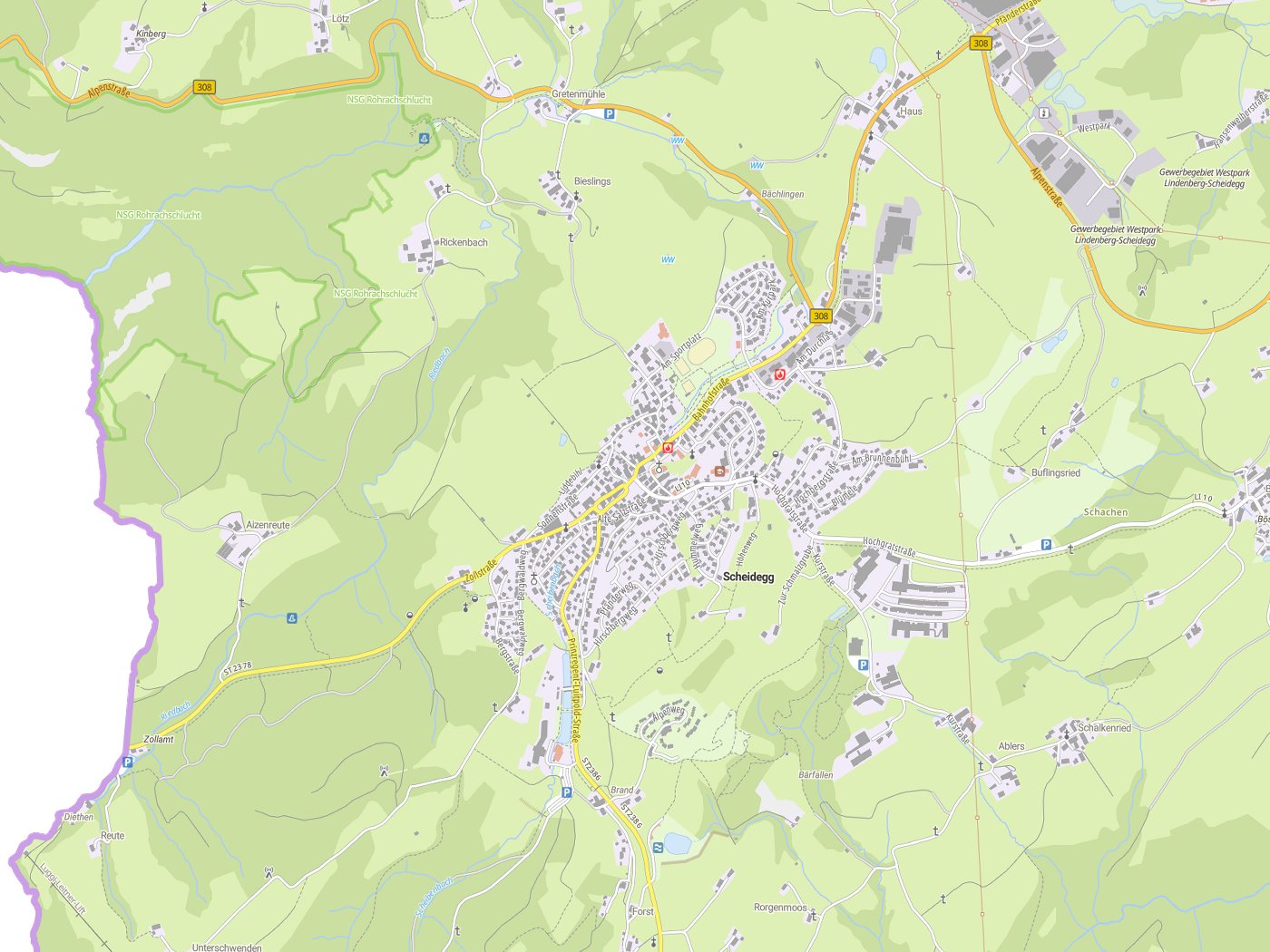 Kartenausschnitt Scheidegg mit Gewässern