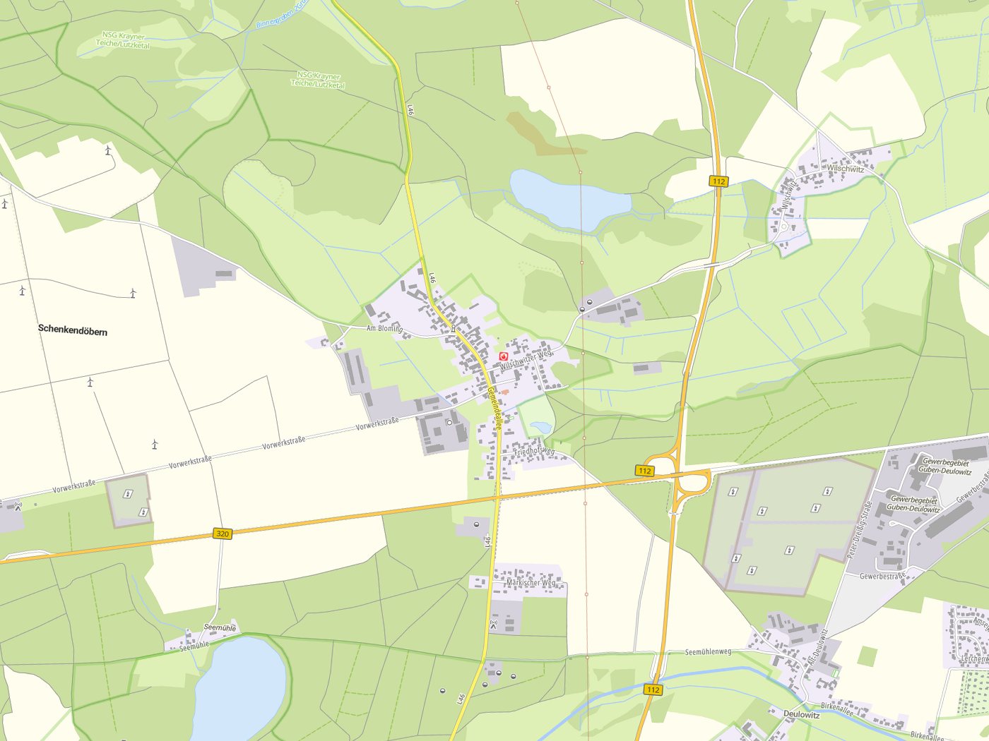 Kartenausschnitt Schenkendöbern/Derbno mit Gewässern