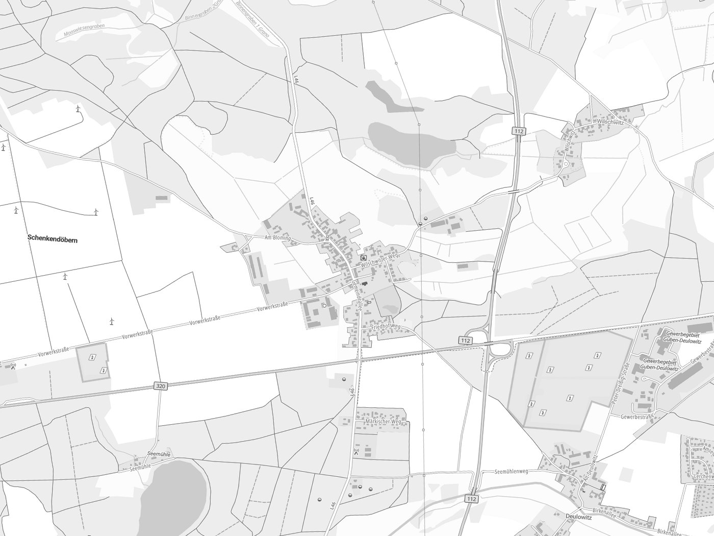Kartenausschnitt Schenkendöbern/Derbno mit Gewässern