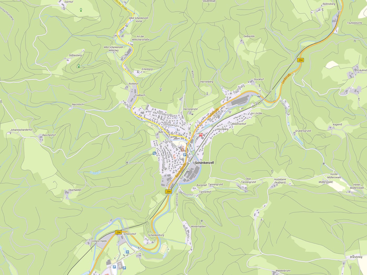 Kartenausschnitt Schenkenzell mit Gewässern