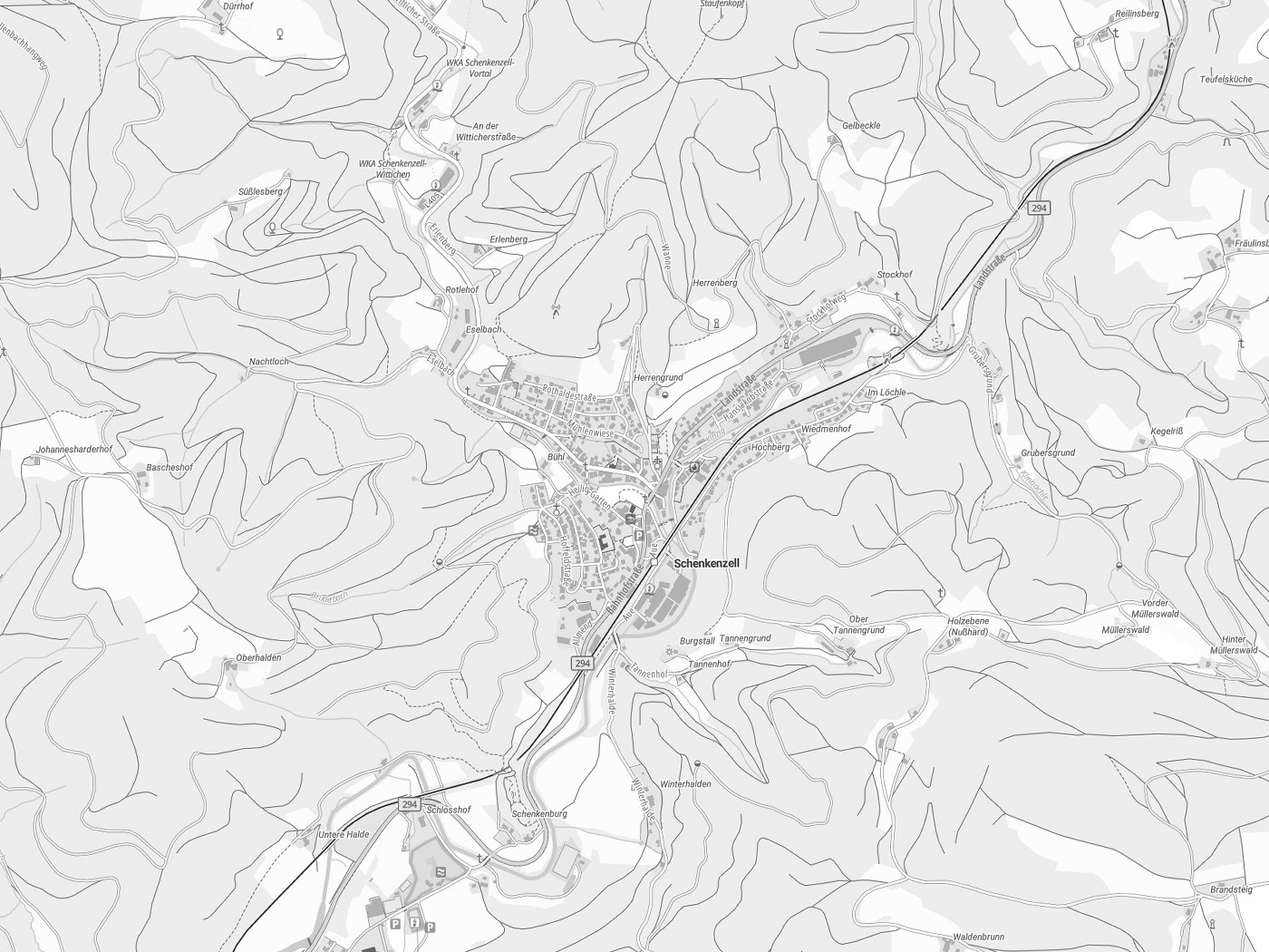 Kartenausschnitt Schenkenzell mit Gewässern