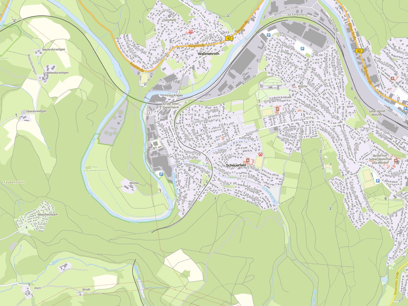 Kartenausschnitt Scheuerfeld mit Gewässern