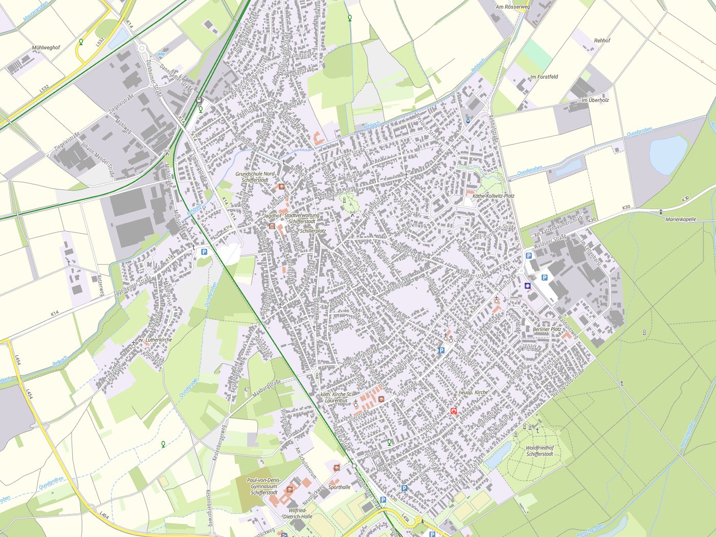 Kartenausschnitt Schifferstadt mit Gewässern