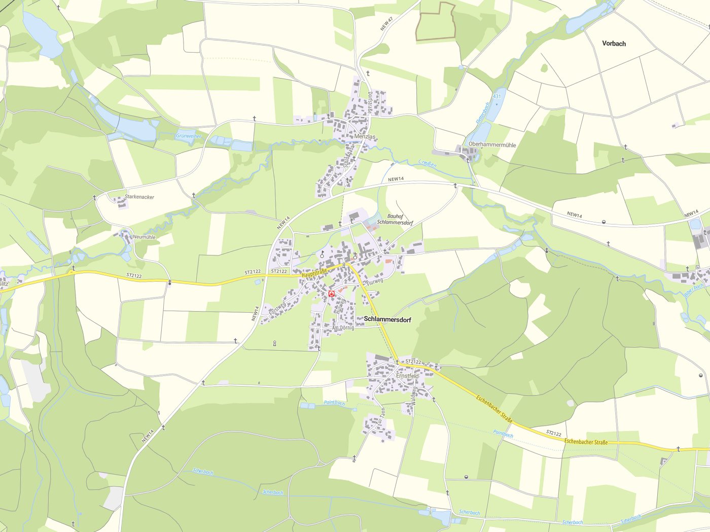 Kartenausschnitt Schlammersdorf mit Gewässern