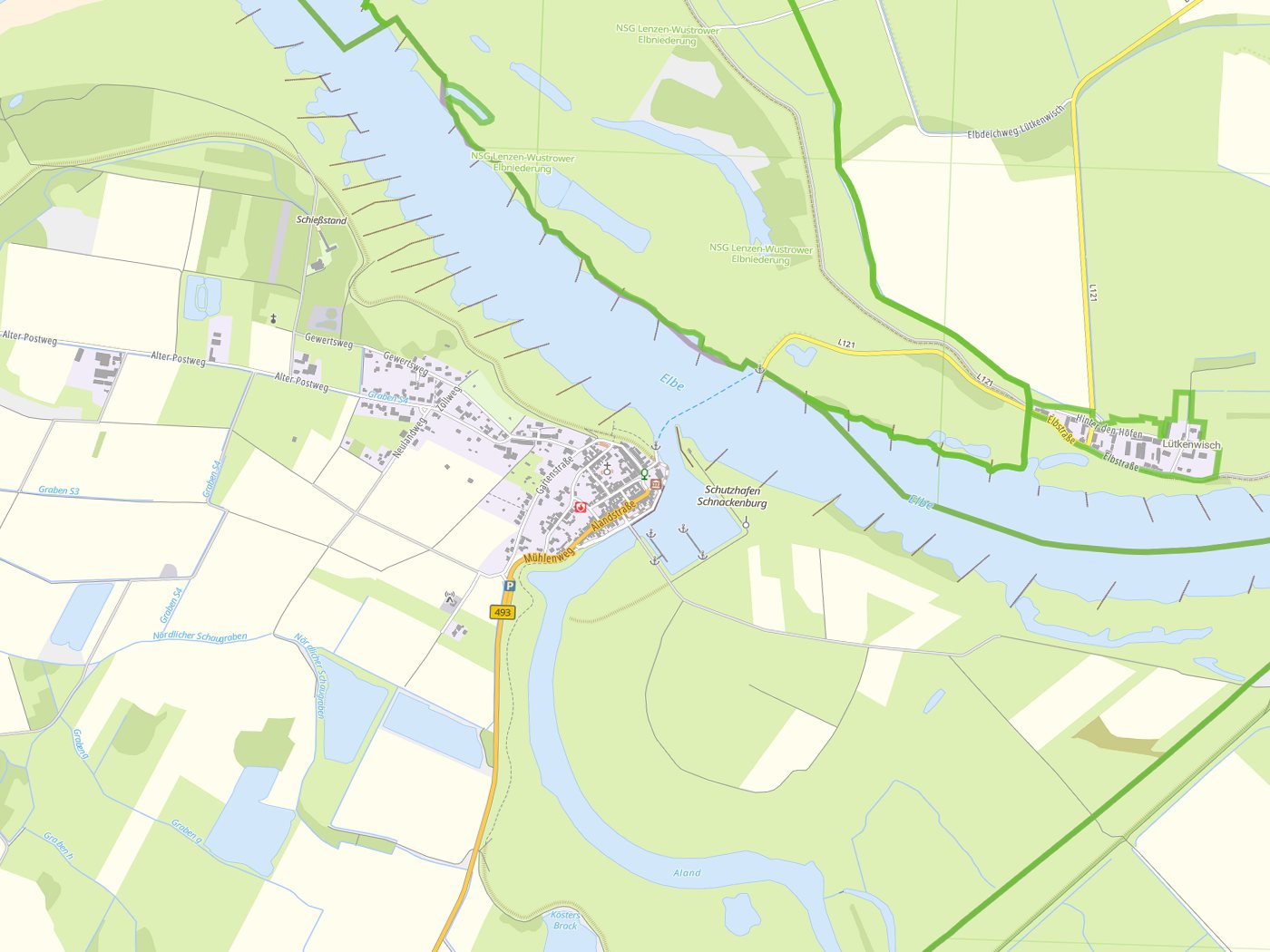Kartenausschnitt Schnackenburg mit Gewässern