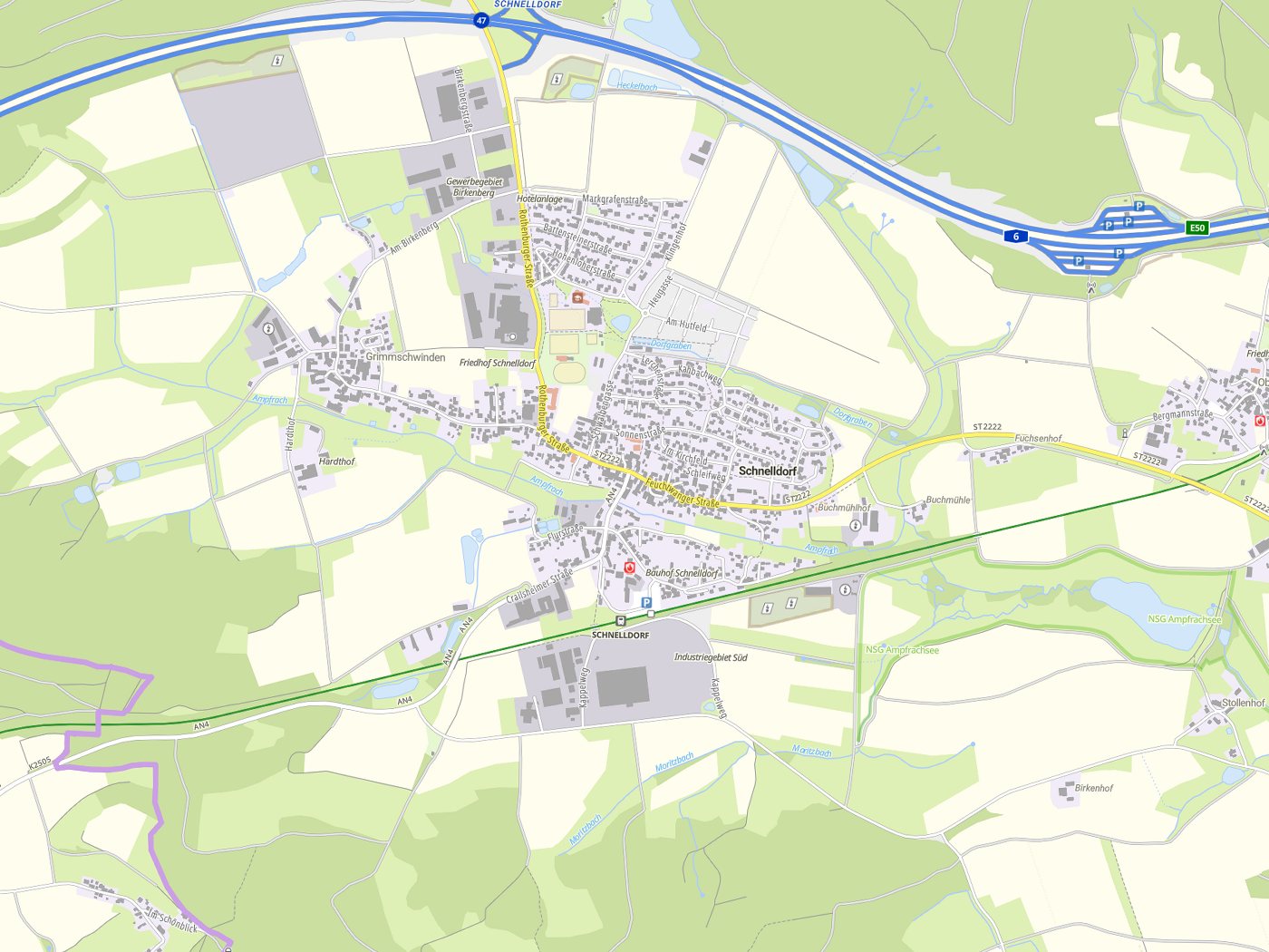 Kartenausschnitt Schnelldorf mit Gewässern