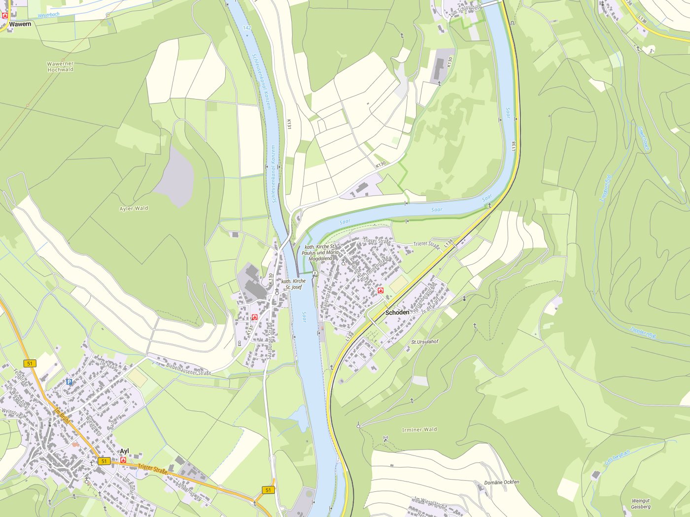 Kartenausschnitt Schoden mit Gewässern