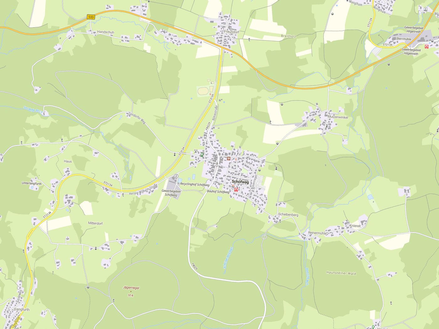 Kartenausschnitt Schöfweg mit Gewässern