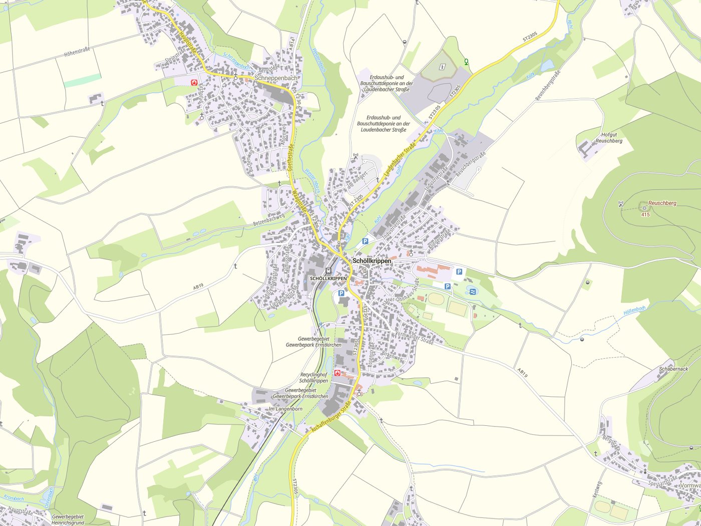Kartenausschnitt Schöllkrippen mit Gewässern