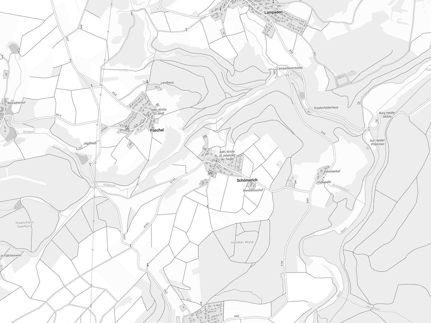 Kartenausschnitt Schömerich mit Gewässern
