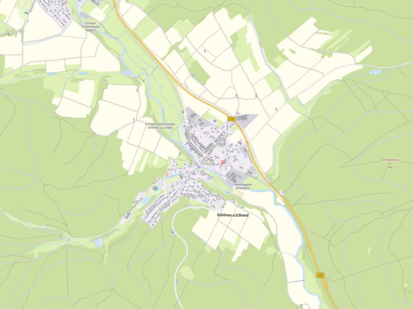 Kartenausschnitt Schönau a.d.Brend mit Gewässern