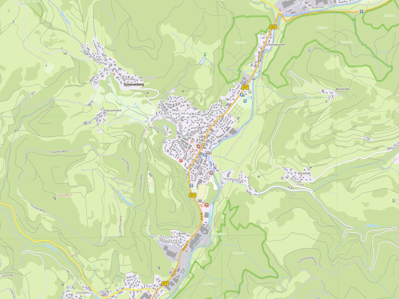 Kartenausschnitt Schönau im Schwarzwald mit Gewässern