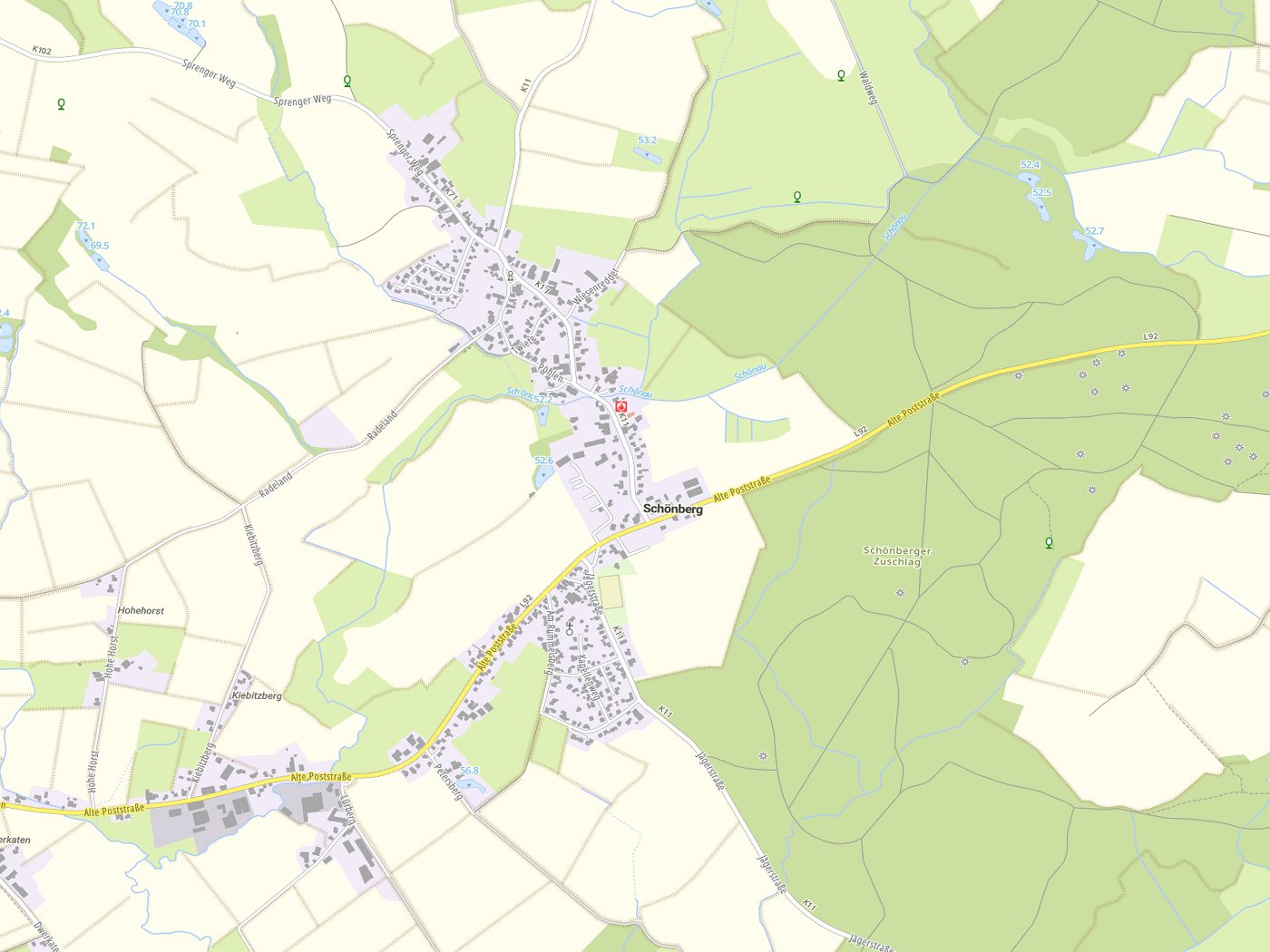 Kartenausschnitt Schönberg mit Gewässern