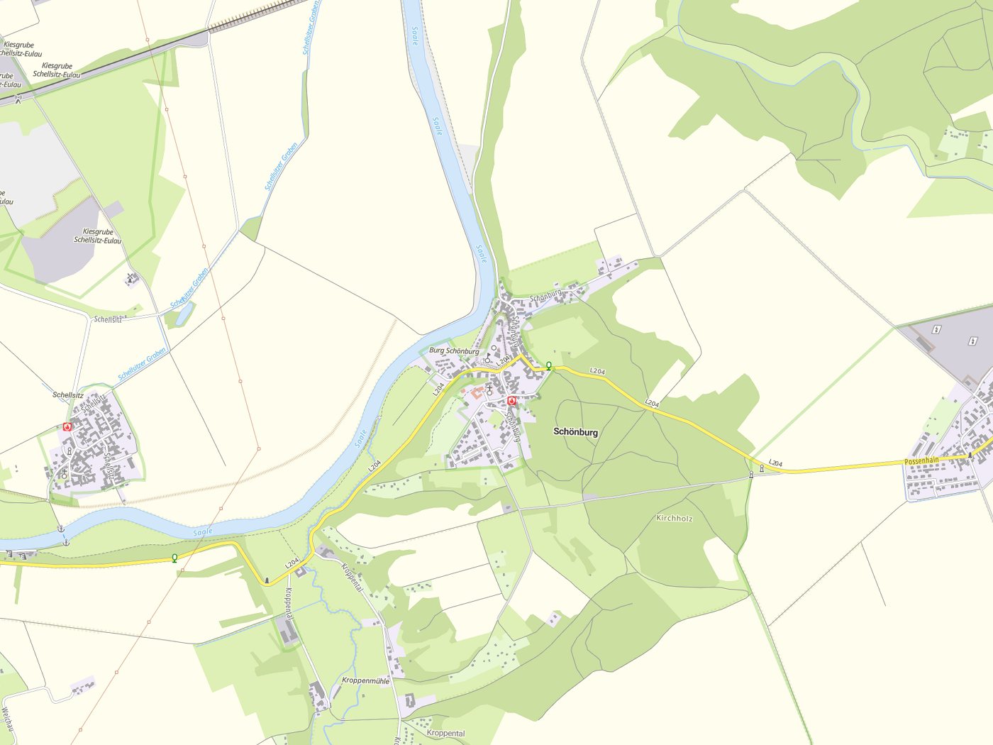 Kartenausschnitt Schönburg mit Gewässern