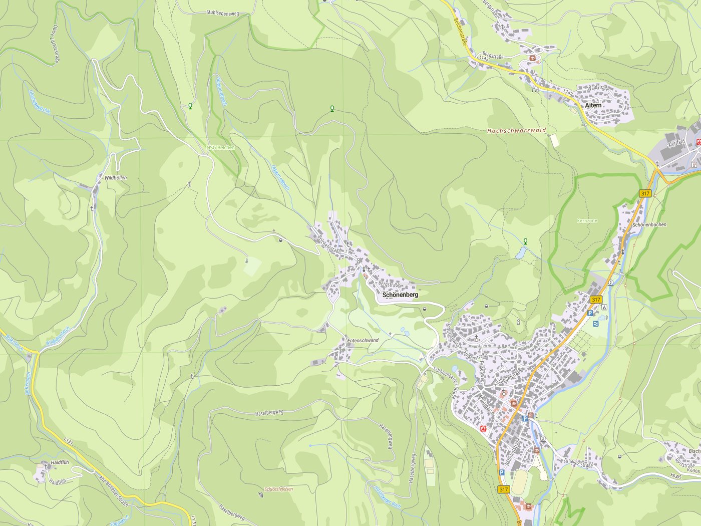 Kartenausschnitt Schönenberg mit Gewässern