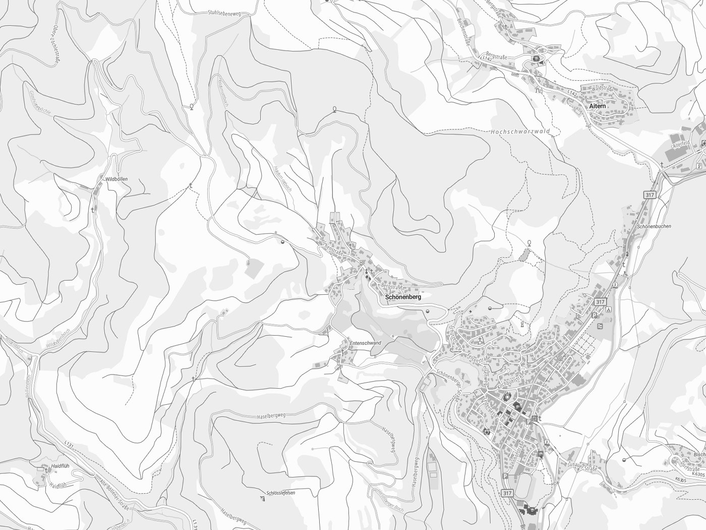 Kartenausschnitt Schönenberg mit Gewässern