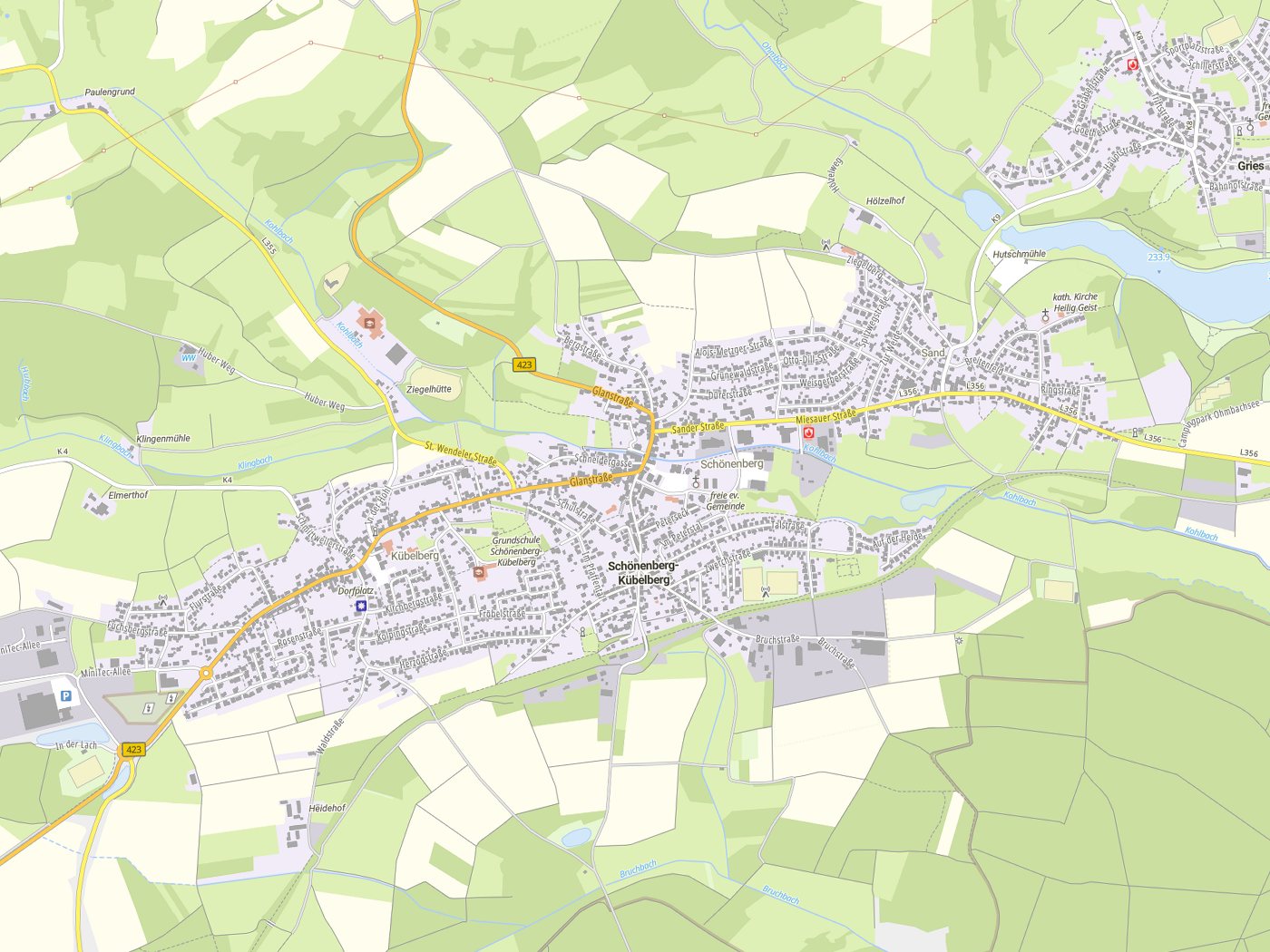 Kartenausschnitt Schönenberg-Kübelberg mit Gewässern