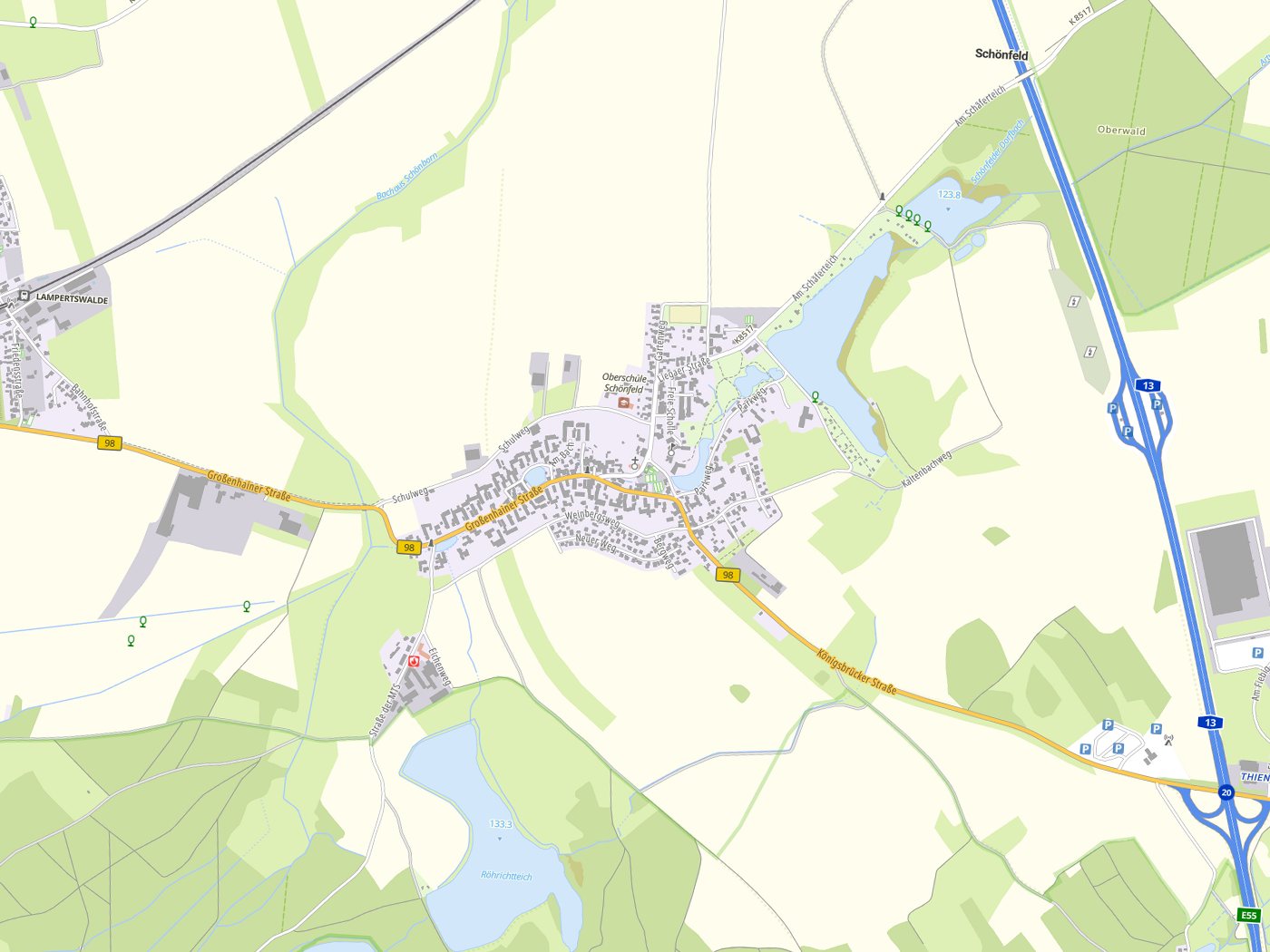 Kartenausschnitt Schönfeld mit Gewässern