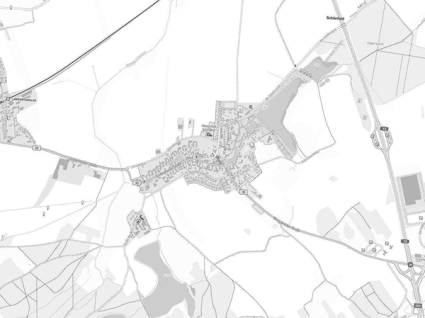 Kartenausschnitt Schönfeld mit Gewässern