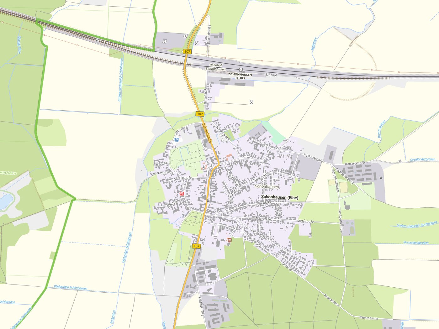 Kartenausschnitt Schönhausen (Elbe) mit Gewässern
