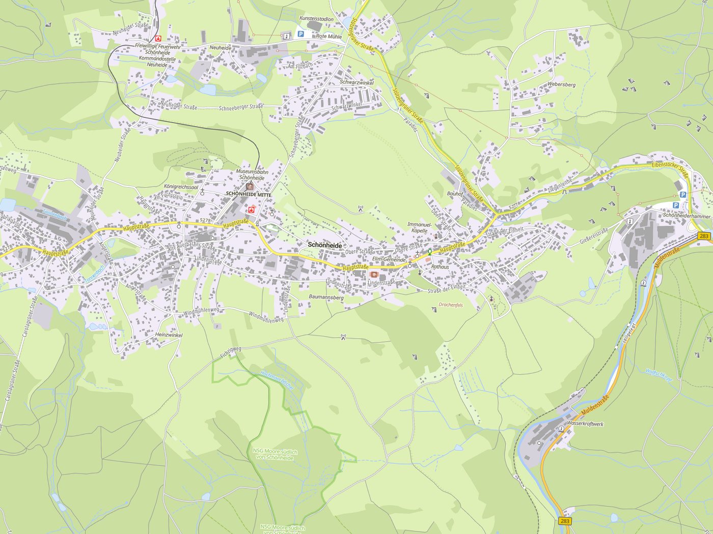 Kartenausschnitt Schönheide mit Gewässern