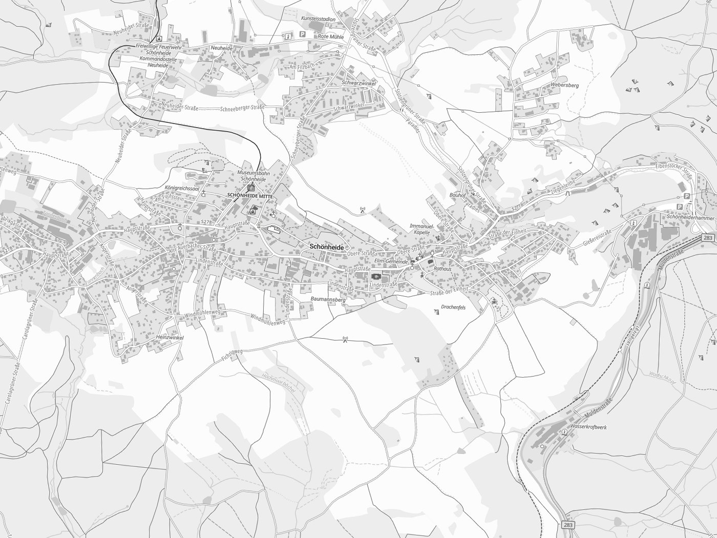 Kartenausschnitt Schönheide mit Gewässern