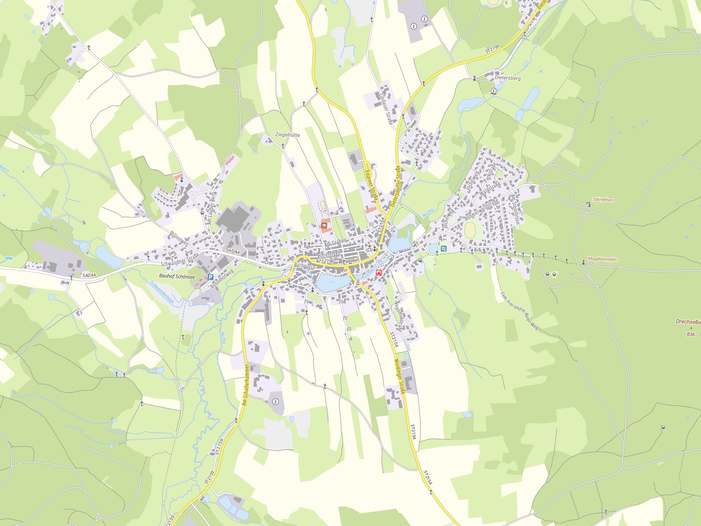 Kartenausschnitt Schönsee mit Gewässern