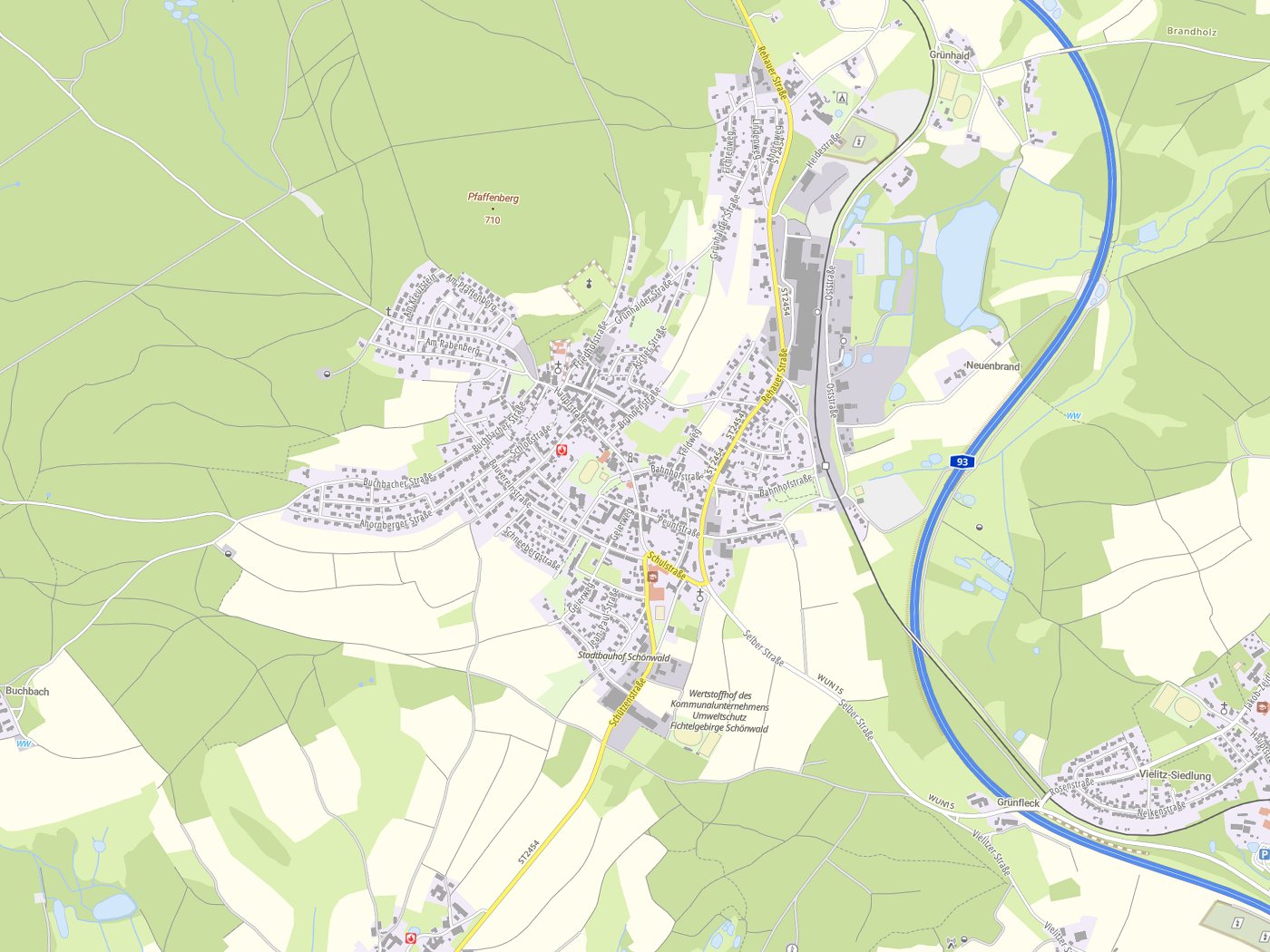 Kartenausschnitt Schönwald mit Gewässern
