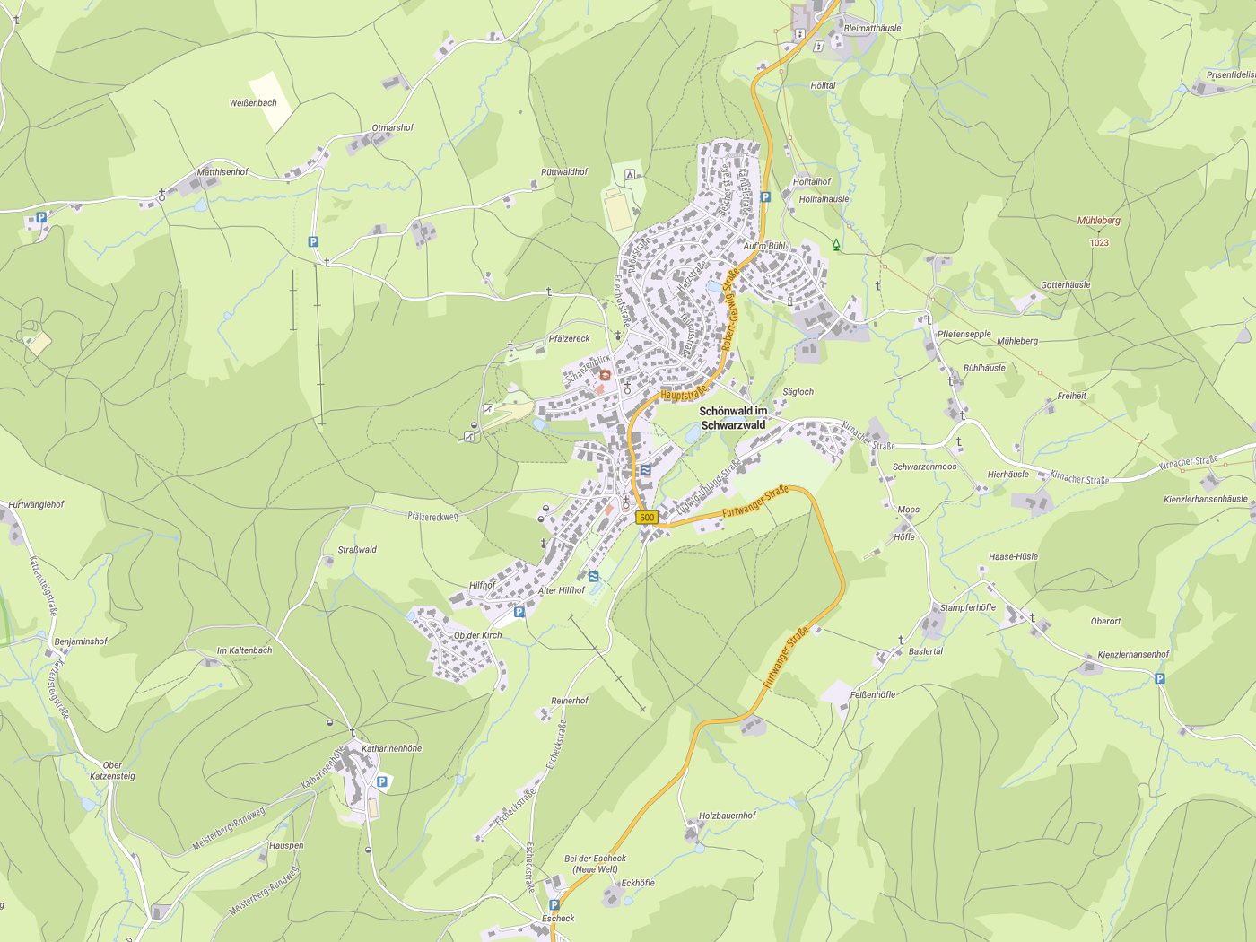 Kartenausschnitt Schönwald im Schwarzwald mit Gewässern