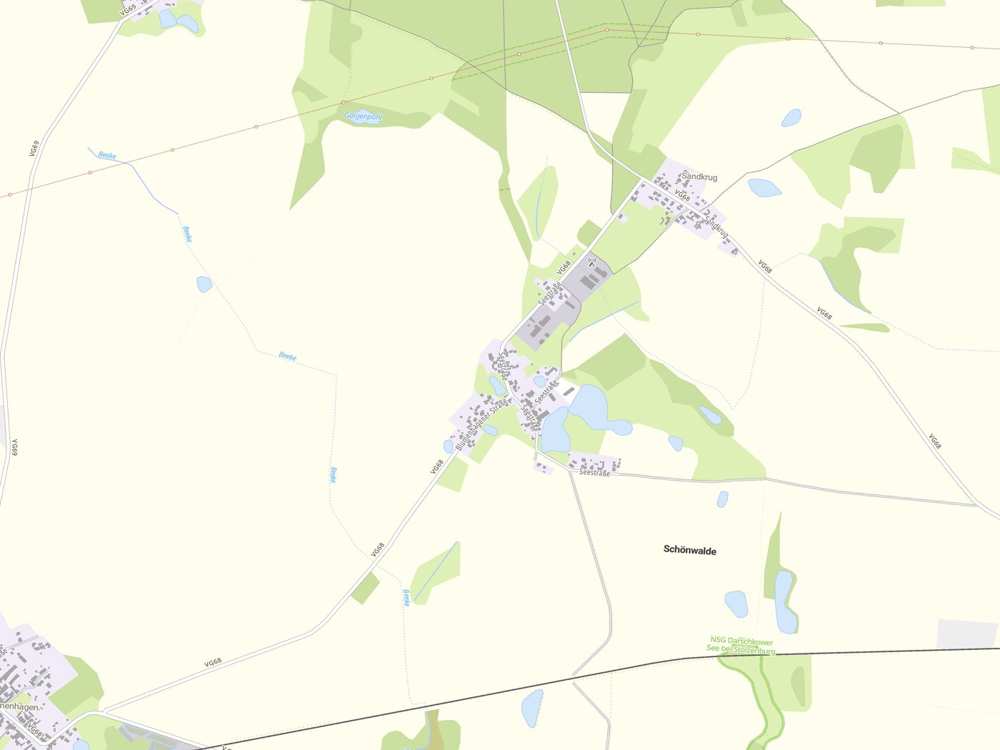 Kartenausschnitt Schönwalde mit Gewässern