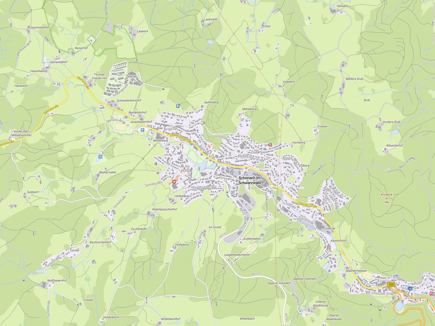 Kartenausschnitt Schonach im Schwarzwald mit Gewässern