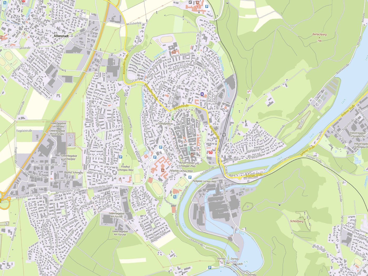 Kartenausschnitt Schongau mit Gewässern