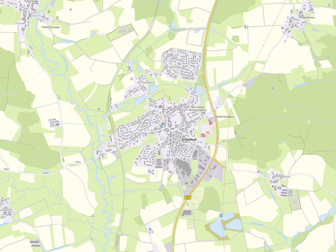 Kartenausschnitt Schopfloch mit Gewässern