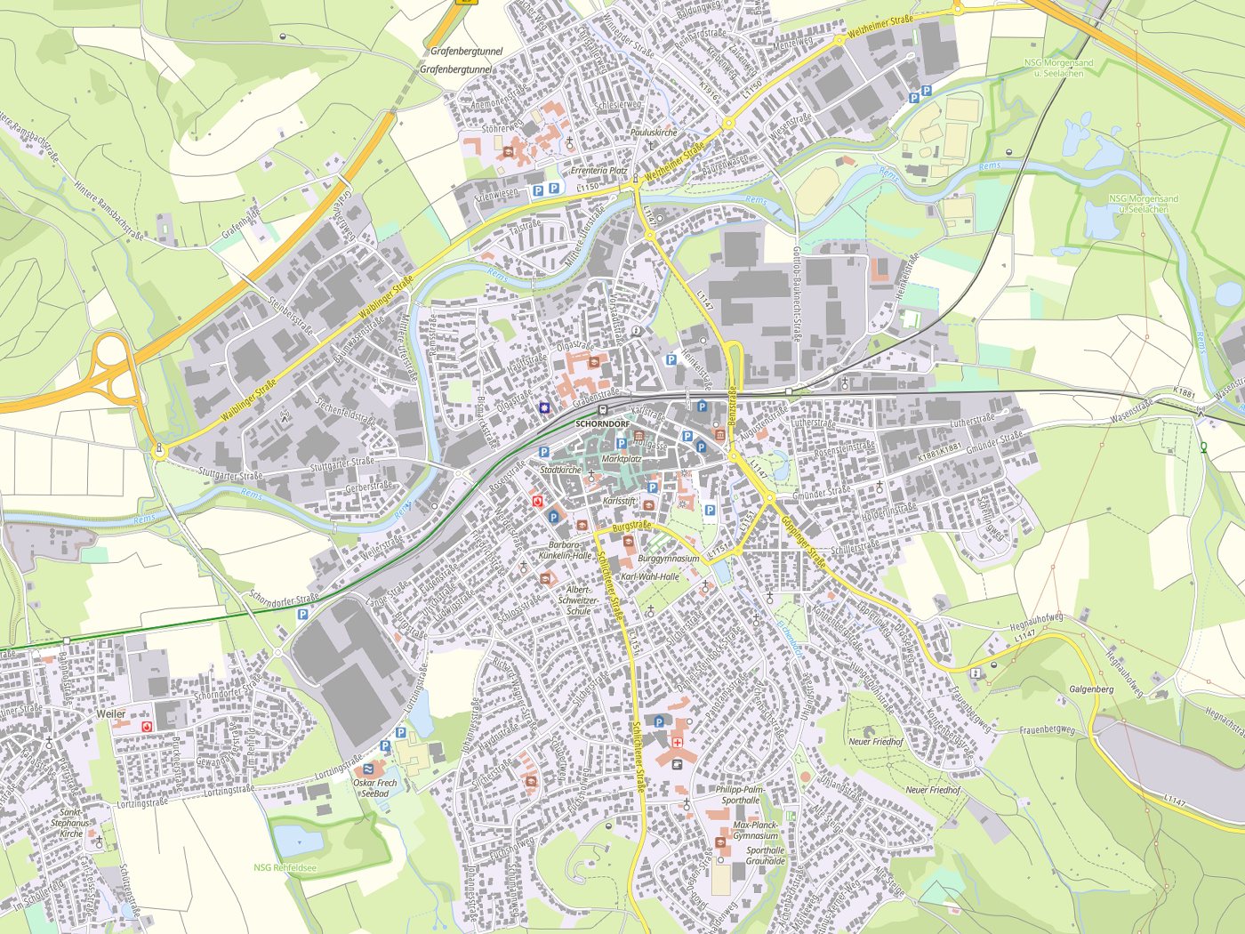 Kartenausschnitt Schorndorf mit Gewässern
