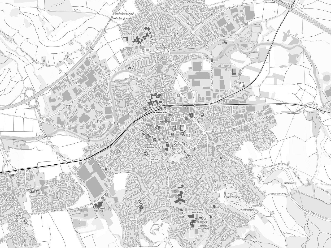 Kartenausschnitt Schorndorf mit Gewässern
