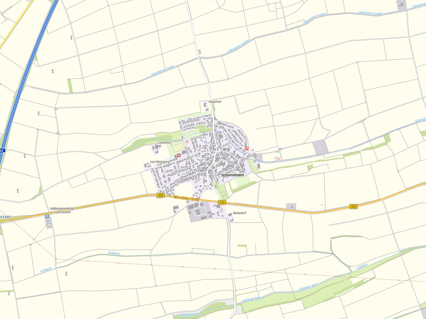 Kartenausschnitt Schornsheim mit Gewässern