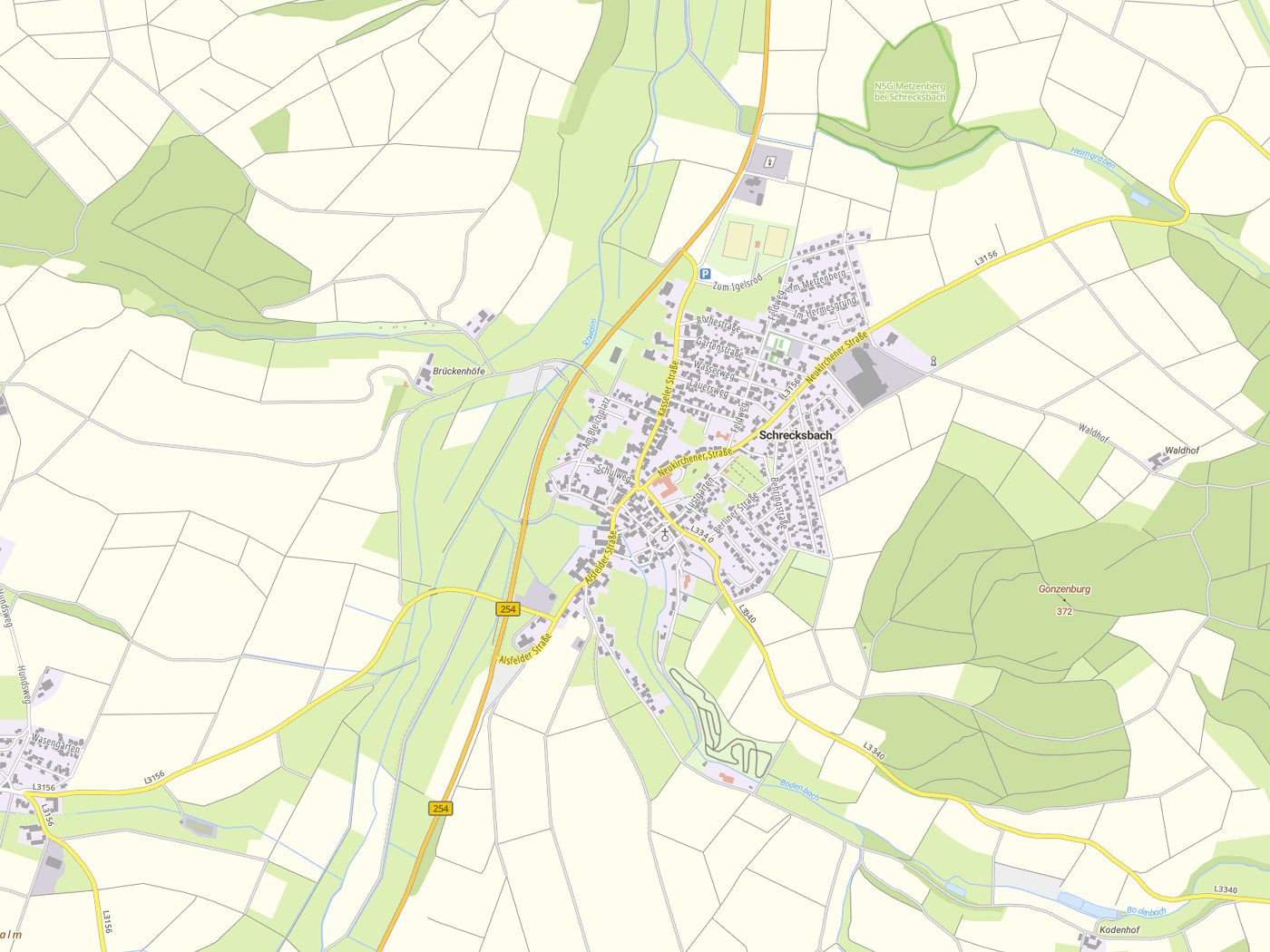 Kartenausschnitt Schrecksbach mit Gewässern
