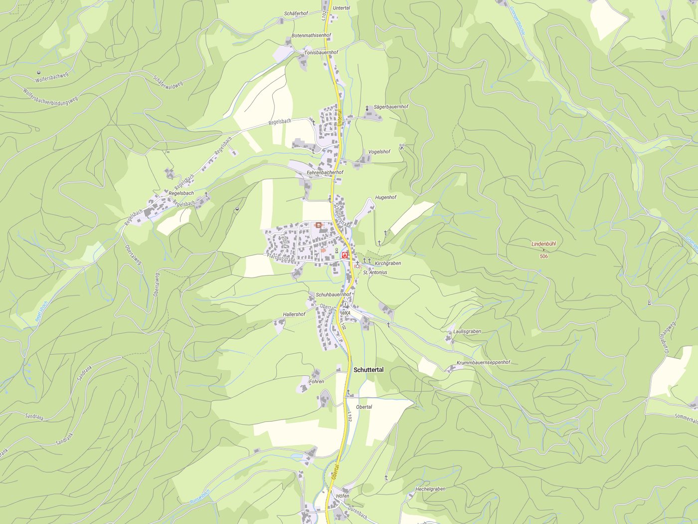 Kartenausschnitt Schuttertal mit Gewässern